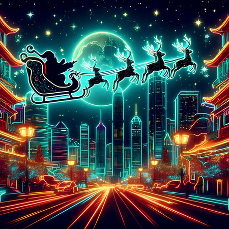 Santa Claus rides on a sleigh with reindeer in the night city.の素材