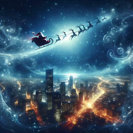Santa Claus flying in his sleigh over the city. 3D renderingの素材