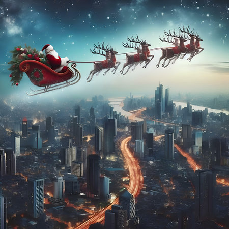 Santa Claus flying in his sleigh with reindeers over the cityの素材