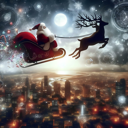 Santa Claus flying on a sleigh with reindeer and city in the backgroundの素材