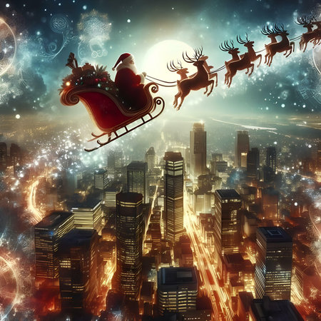 Santa Claus flying in his sleigh over the night city. 3D renderingの素材