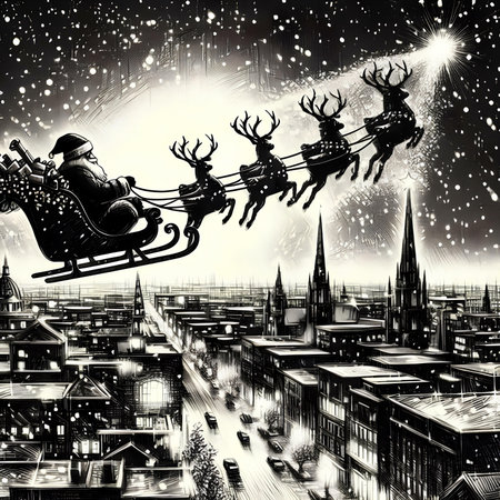 Santa Claus flying in his sleigh over the city. Christmas illustration.の素材