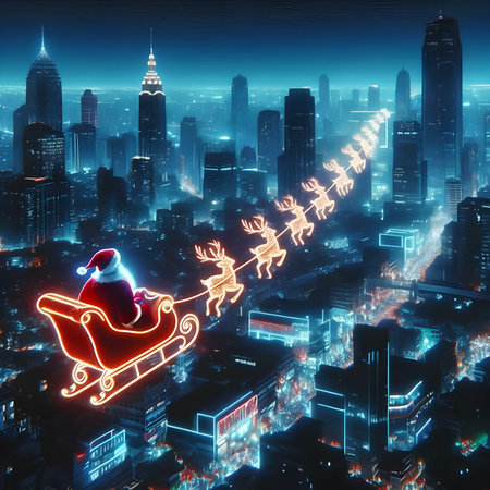 Santa Claus with reindeer sleigh on the background of night cityの素材