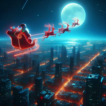 Santa Claus flying in his sleigh with reindeers over city at nightの素材