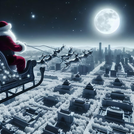 Santa Claus with reindeer sleigh over city at night with full moonの素材