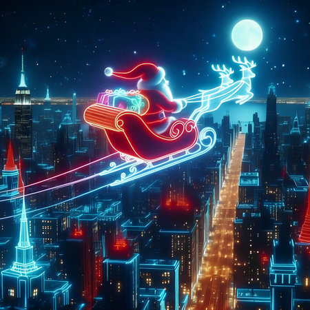 Santa Claus rides a sleigh with gifts on the background of the night city. 3d renderingの素材