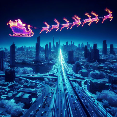 Santa Claus sleigh with reindeer on the road, 3d renderingの素材