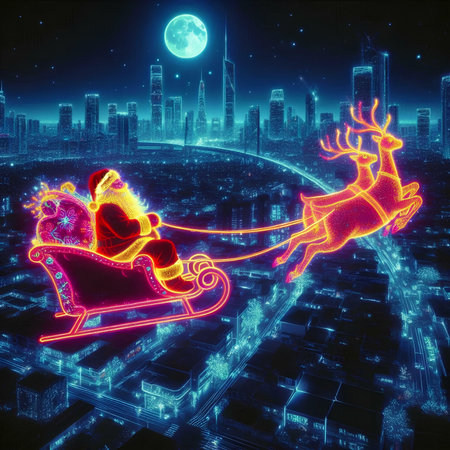 Santa Claus with reindeer sleigh and city in the nightの素材