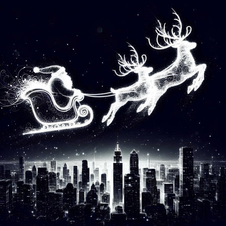Santa Claus flying in a sleigh with reindeers over a cityの素材