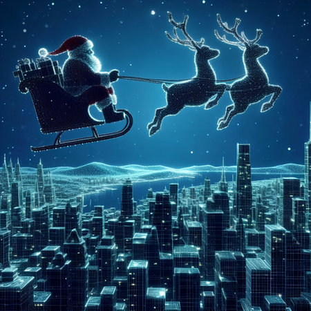 Santa Claus flying on sleigh with reindeers on city backgroundの素材
