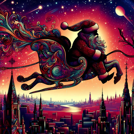 Santa Claus riding a sleigh on the background of the night cityの素材