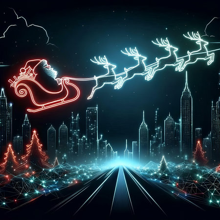 Santa Claus flying in a sleigh with reindeer on the background of the night cityの素材