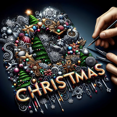 Christmas and New Year background with Christmas tree, stars, snowflakesrations and hand writing Merry Christmasの素材