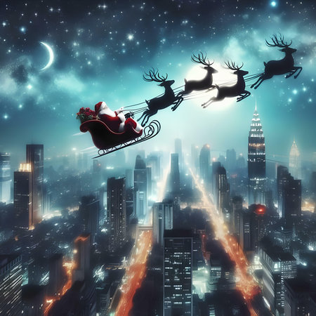 Santa Claus flying in his sleigh against the background of the cityの素材