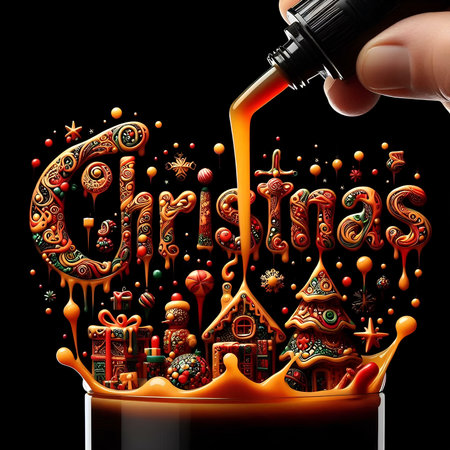 Hand pouring christmas syrup from bottle into glass with christmas decoration on black backgroundの素材
