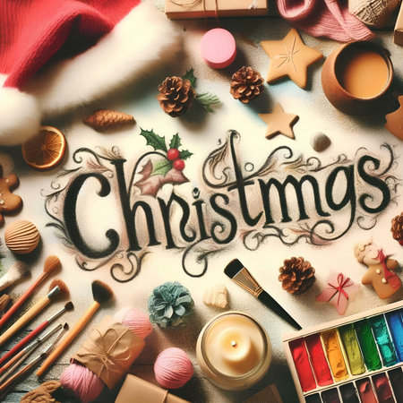 Christmas greeting card. Decorations on wooden background. Top view. Flat lay.の素材