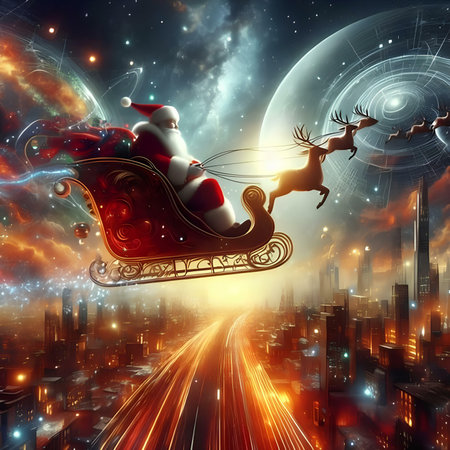 Santa Claus flying in a sleigh with reindeers over the cityの素材