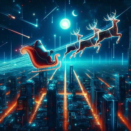 Santa Claus rides in a sleigh with reindeer on the background of the night city.の素材
