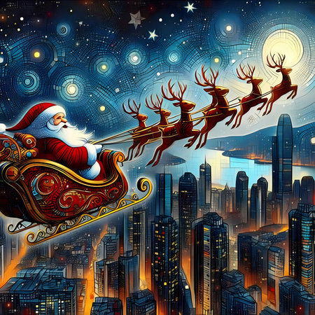 Santa Claus rides on a sleigh with reindeers against the background of the night city.の素材
