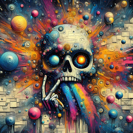 Skull in space. Psychedelic painting. Colorful background.の素材