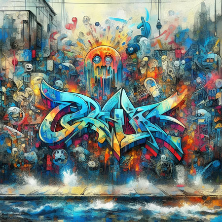 Graffiti art design. Colorful abstract background with urban scene.の素材