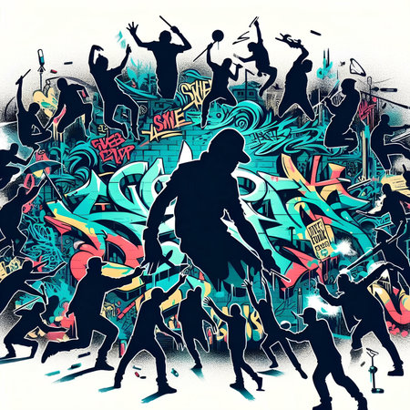 Dancing people. Vector illustration. Grunge urban background.の素材