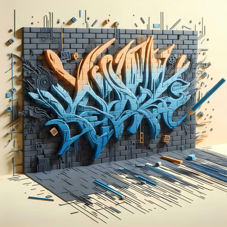 3d illustration of a brick wall with a piece of graffiti in itの素材