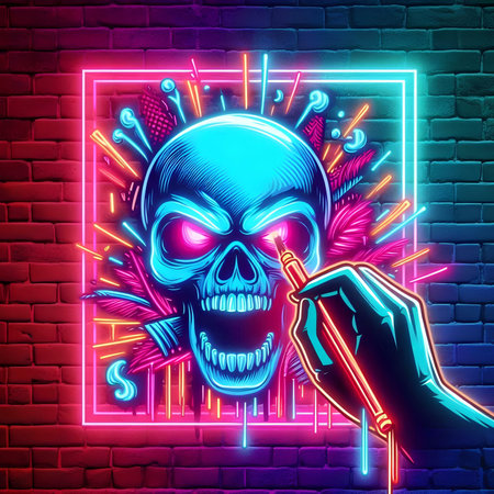 Neon skull and hand with a syrinx. Vector illustration.の素材