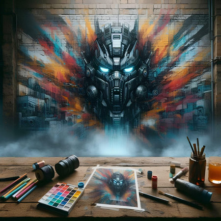 Digital composite of Futuristic robot in front of a brick wall.の素材