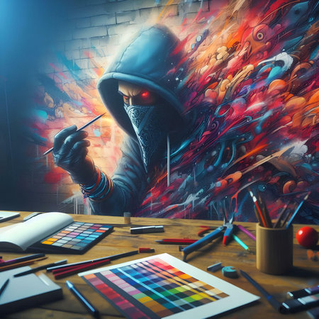 Hooded man in a hood draws on the wall with colored pencilsの素材