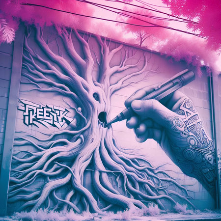 Graffiti art with a hand holding a syringe in front of a wallの素材