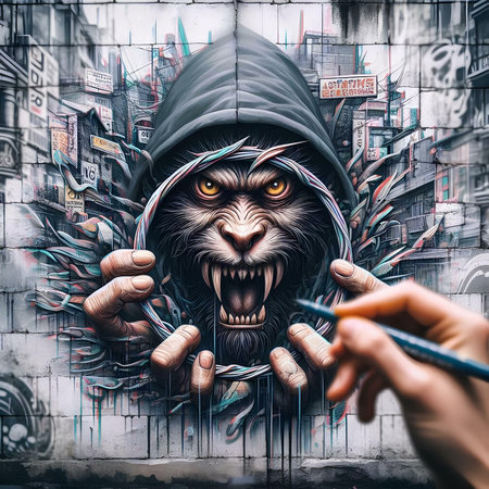 Mural art. Monkey in hoodie draws graffiti on the wall.の素材