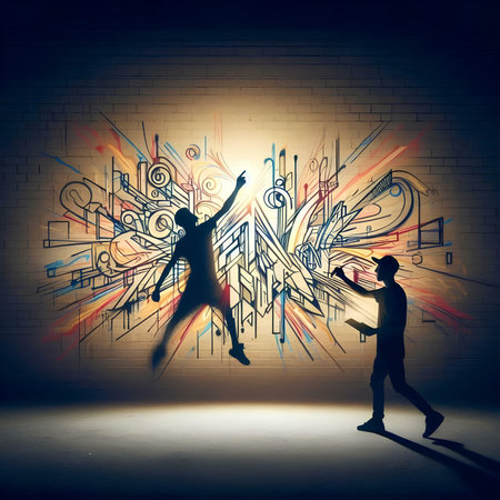 Silhouette of man and woman dancing against wall background with drawing conceptの素材