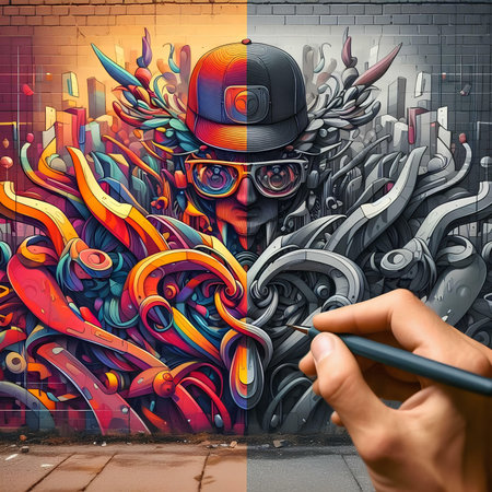 Hipster man with hat and tuxedo pipe on graffiti wall backgroundの素材