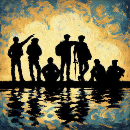 Group of people silhouettes on the background of the sun and waterの素材