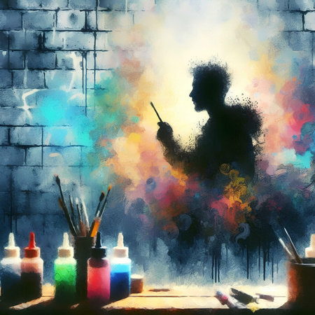 Painting of a painter with brushes and paints on a brick wallの素材