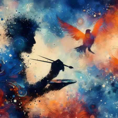 Abstract colorful grunge background with woman and bird. Collage.の素材