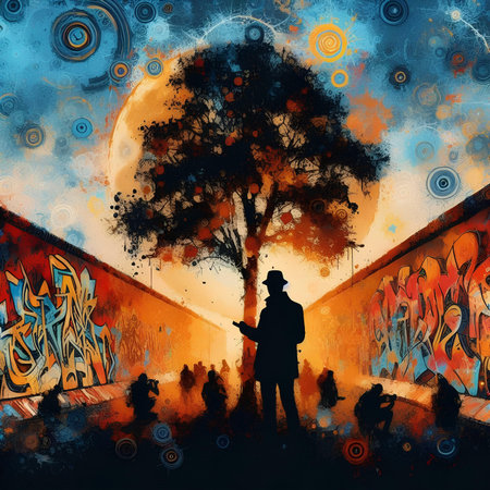 Silhouette of a man standing in front of a graffiti wall.の素材