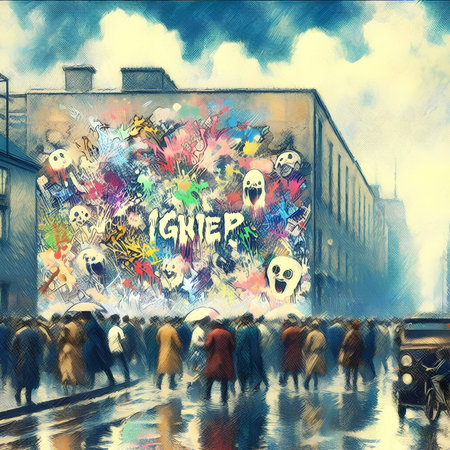 Graffiti on the wall in the city. Illustration of a street scene.の素材