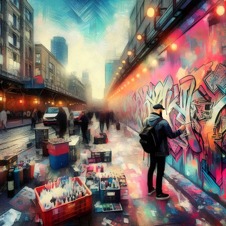 Digital painting of a man walking through a busy street in New York Cityの素材