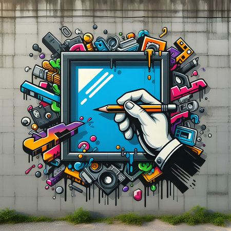 Colorful illustration of hand drawing a pencil in front of a wallの素材