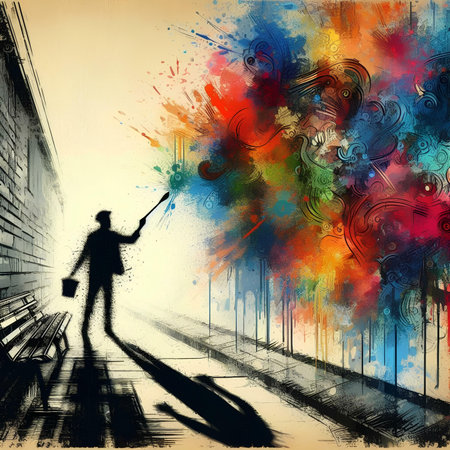 Abstract color background with a man with a paintbrush in his handの素材