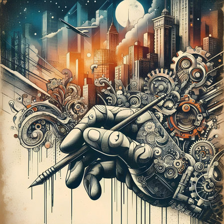 Mechanical hand with a screwdriver on the background of the city.の素材