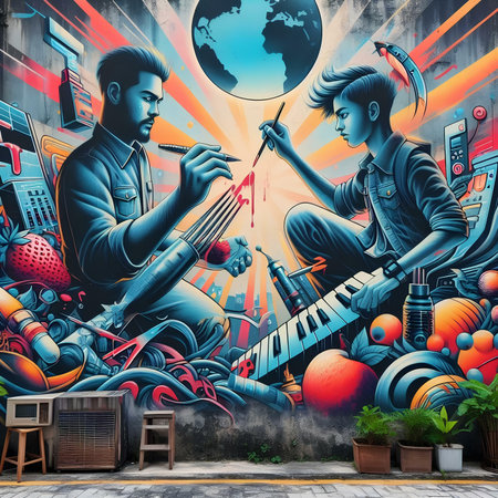 Graffiti of a young man and a woman playing the saxophone.の素材