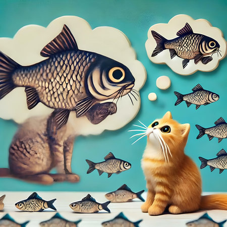 Funny fish and cat on the background of the sea of fishes.の素材