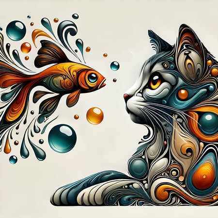 Vector illustration of a cat with a goldfish in the water.の素材