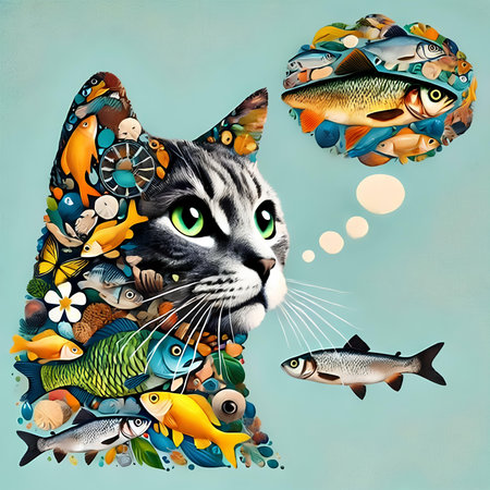 Cat with a lot of fish. Colorful illustration. vector.の素材