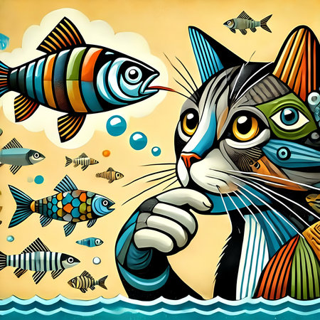 Vector illustration of a cat in the sea with fish on a yellow backgroundの素材