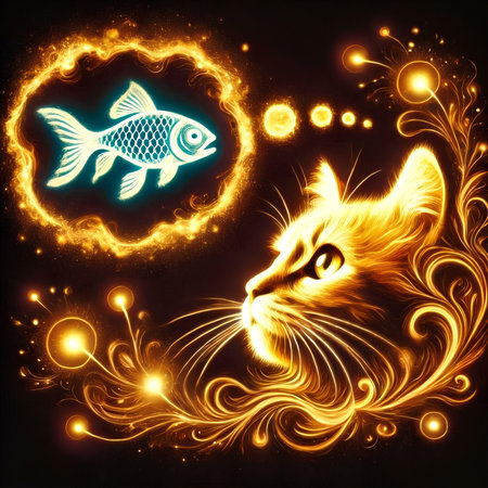 Cat and fish on a black background with a fire effect. Vector illustration.の素材
