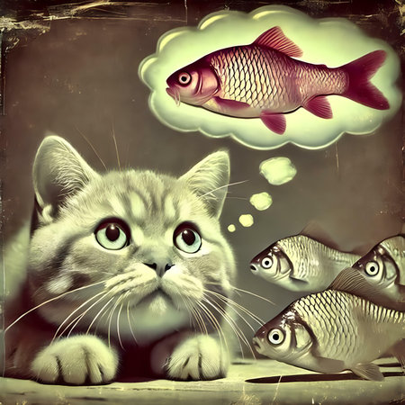 Funny cat with fish in the cloud. Grunge background.の素材